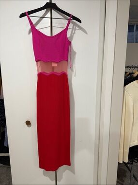 Milly Pink and Red Sheer-Panel Knit Slip Dress